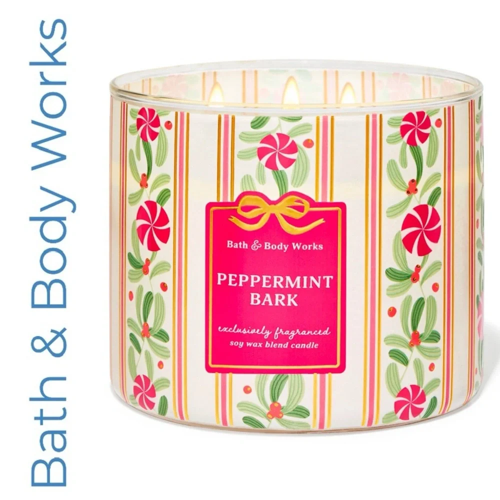 Bath & Body Works Peppermint Bark 3 Wick Candle with White Lid & Wax